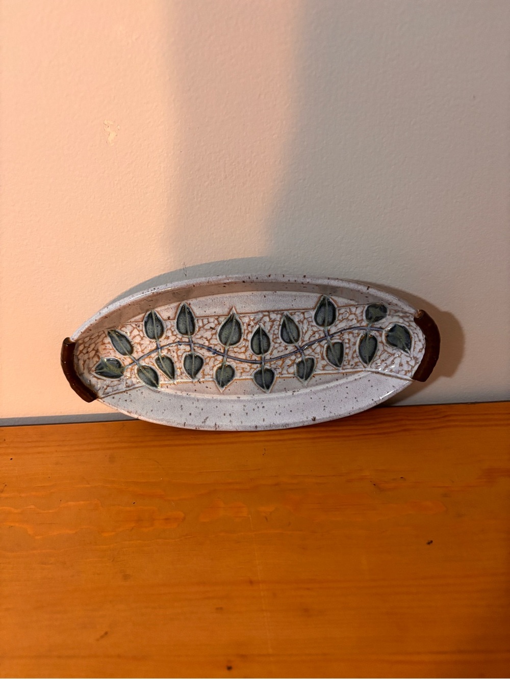 Handcrafted Ceramic Leaf Motif Oval Dish in Green and Gray